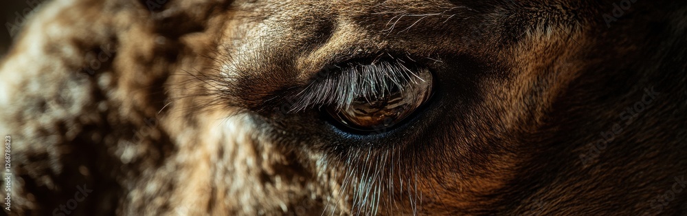 Poster Close-up of a camel's face highlighting its expressive eye and unique features under natural light in a desert setting
