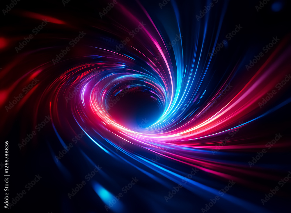 Poster abstract swirl of vibrant blue and red light trails creates a dynamic vortex effect against a dark b