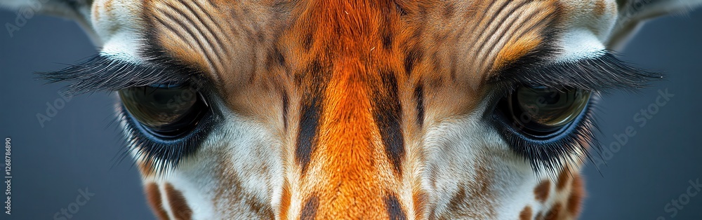 Poster Close-up view of a giraffe's face showcasing intricate details and captivating colors in a natural setting