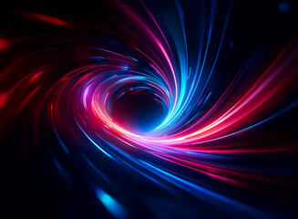 Abstract swirl of vibrant blue and red light trails creates a dynamic vortex effect against a dark background, suggesting energy and motion.