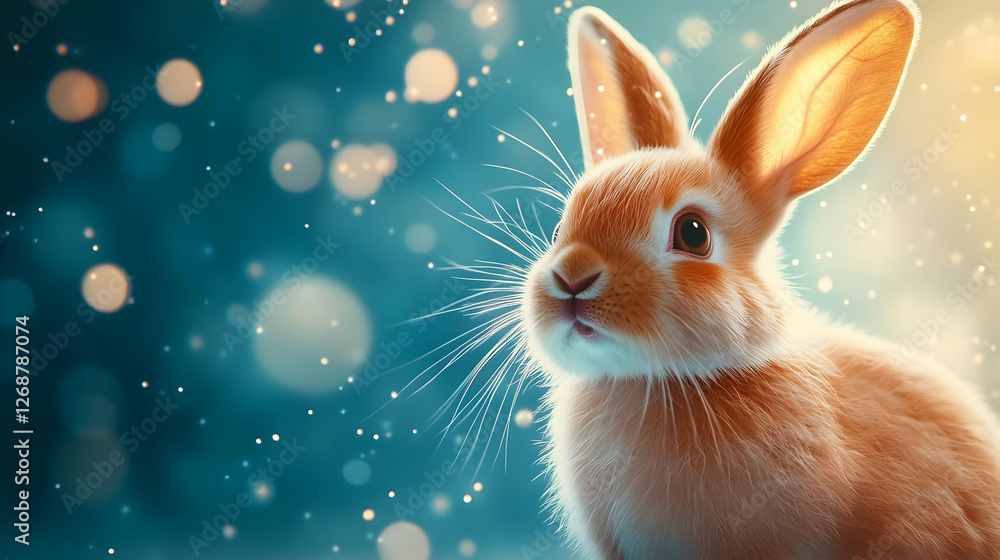 Poster charming rabbit in a magical snowy environment surrounded by soft bokeh effects.
