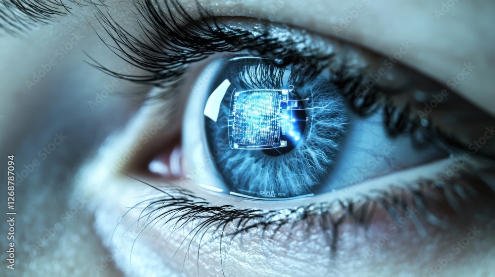 Poster exploring the future of technology human eye with digital interface futuristic environment close-up 