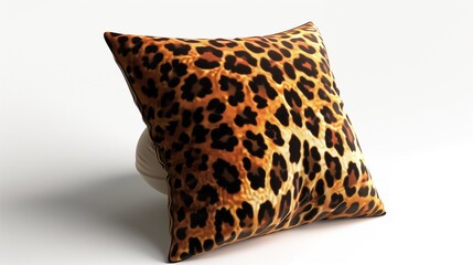 A crisp image of a modern throw pillow with a vibrant leopard print cover, placed centrally on a spotless white background.
