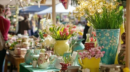 Vibrant market with colorful pots and flowers offers workshops and handmade goods in springtime atmosphere