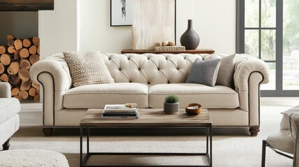Elegant living room with tufted Chesterfield sofa, warm decor, and inviting ambiance in modern design