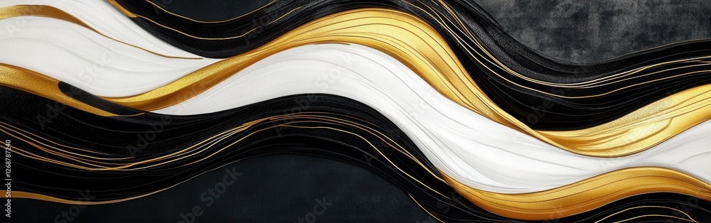 Poster high-contrast wave pattern features bold black, white, and golden tones with flowing shapes and text
