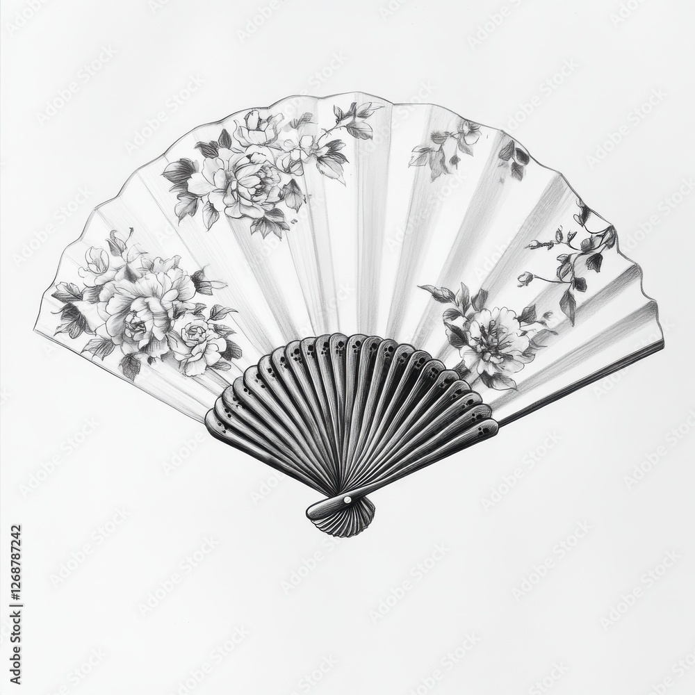 Poster hand fan adorned with delicate floral patterns in black and white design for elegant occasions