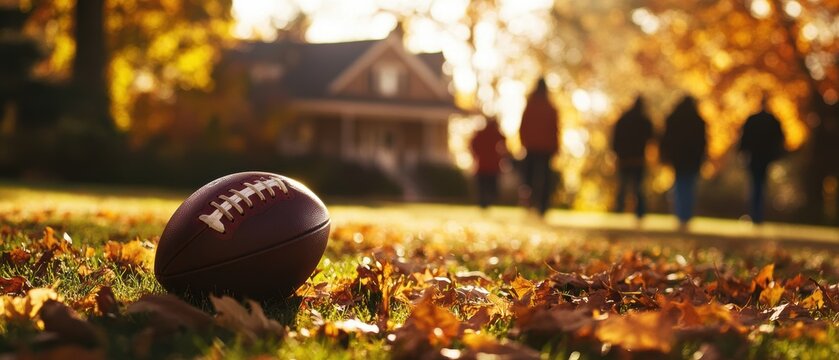 Autumn football scene with a brown football on grass and people walking in a picturesque neighborhood during fall season.