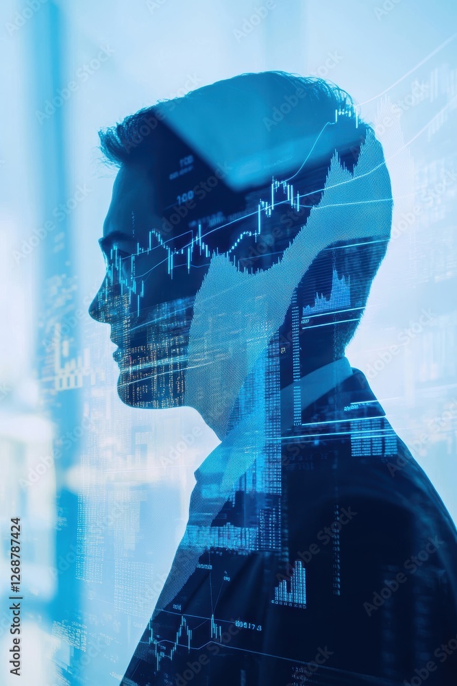 Poster business professional analyzing data trends in finance with digital graphs overlay, representing inn