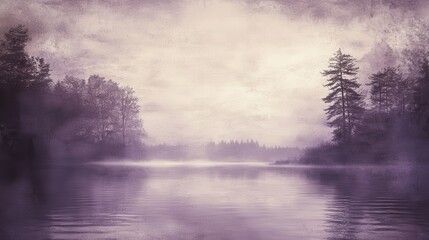 Fototapeta premium Serene lake view with grunge-inspired lavender backdrop during early morning fog