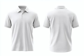 3D Mock Up of White Polo Shirt with Front and Back Views Display, Featuring Collar and Three-Button Placket