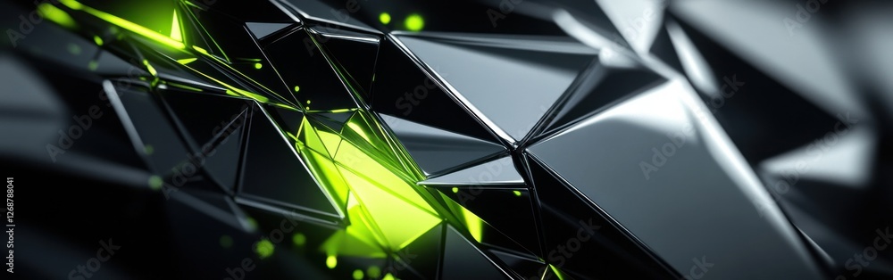 Poster futuristic abstract design featuring sharp geometric shapes and vibrant green accents against a dark