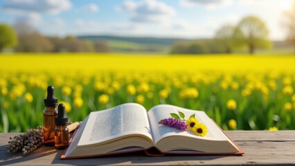 Itchy eyes, Photorealistic field with an open book and herbal remedies on the grass.