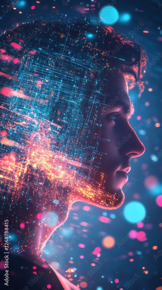 Poster Dynamic silhouette of a man's profile filled with vibrant abstract patterns and glowing particles in a futuristic design