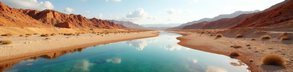 Obraz premium Deserted riverbed with remaining pools of water, solitary environment, dry terrain