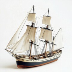 Obraz premium Detailed model ship with white sails showcased against a neutral background, highlighting craftsmanship and maritime design aesthetics