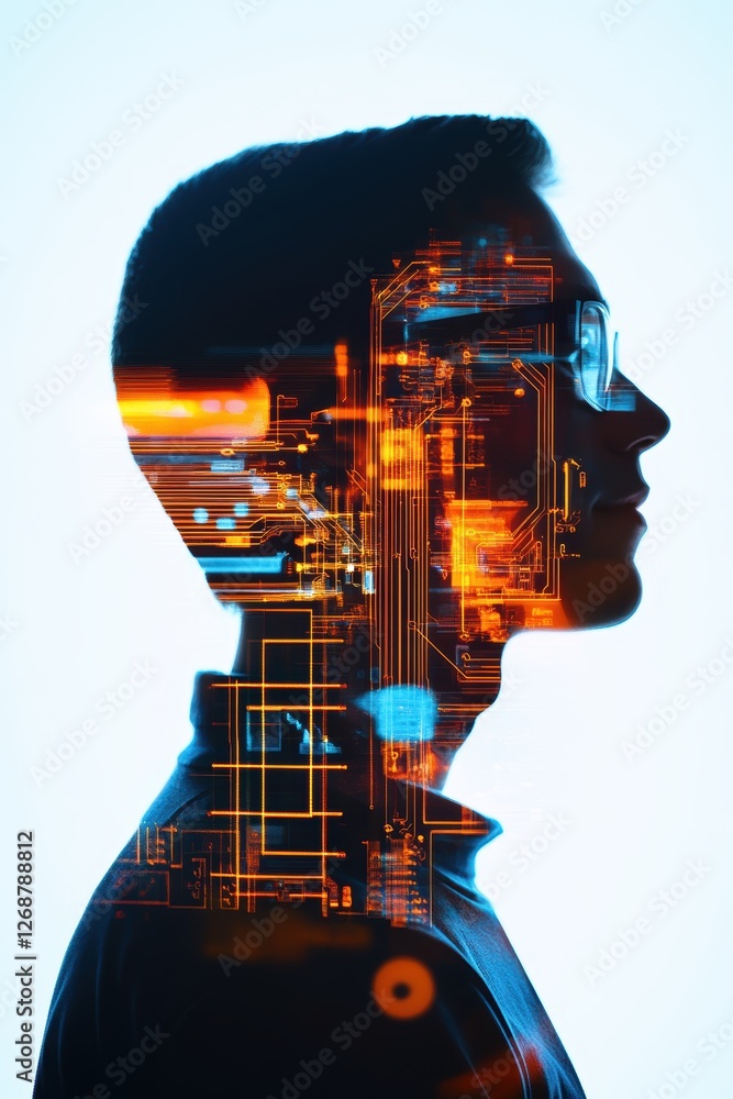 Poster digital double exposure of a person thinking with technology and data visualization for innovation, 