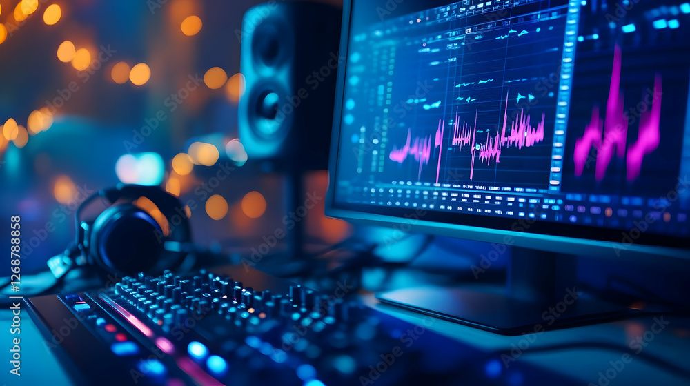 Poster close-up of a modern computer setup with a keyboard, headphones, and colorful sound visualizations.