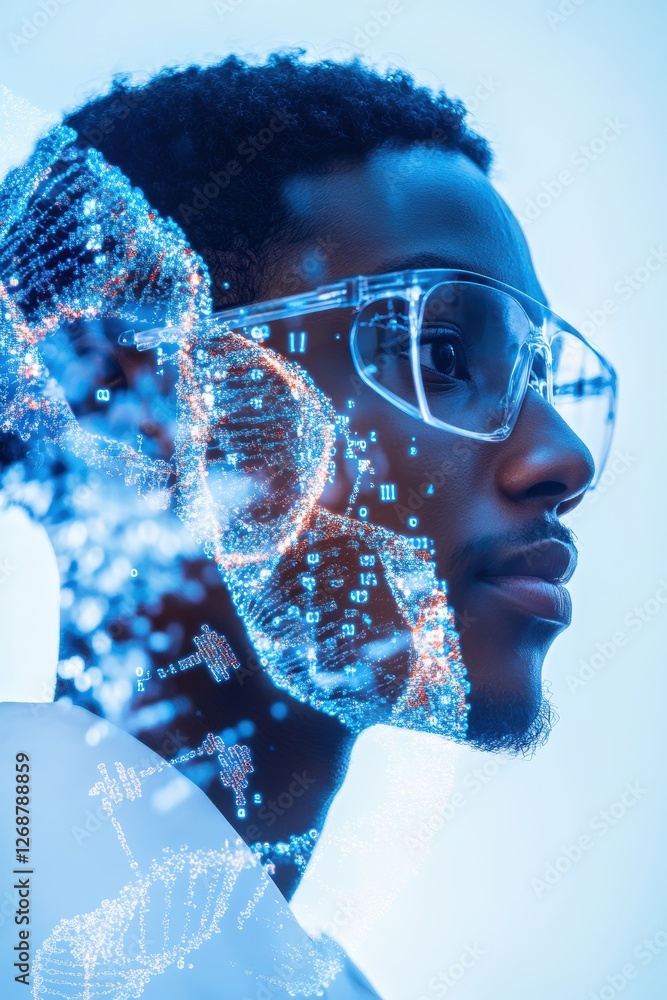 Poster digital transformation and ai in healthcare: futuristic portrait of a young black man with data visu