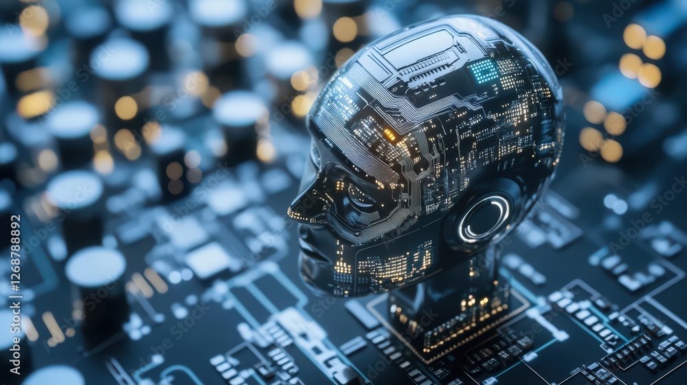 Poster technological singularity concept with ai head and circuit board details