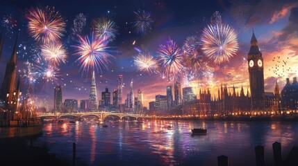 Naklejka premium Fireworks illuminate the skyline over the river during a vibrant evening in London