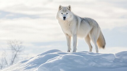 Obraz premium Majestic White Wolf Standing Proudly on Snow Covered Hilltop