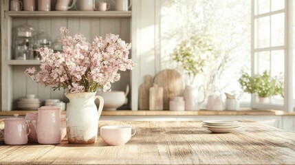 Fototapeta premium Cozy space with reclaimed wood and soft pastel decor featuring a vase of flowers and a warm, inviting atmosphere