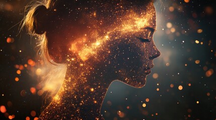 Creative double exposure technique showcases glowing embers embedded in a silhouette of a serene figure at twilight