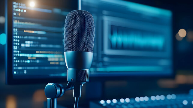 Close-up of a microphone with a computer screen showcasing sound wave patterns.