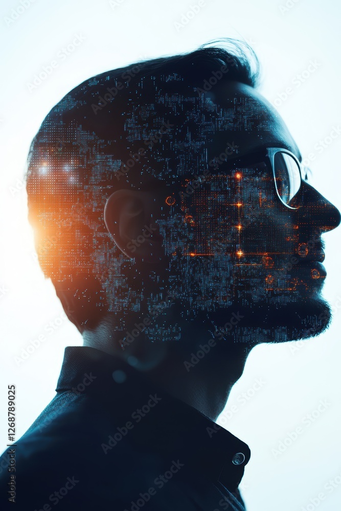 Poster digital transformation concept with mans profile overlaid by data visualization for technology and i