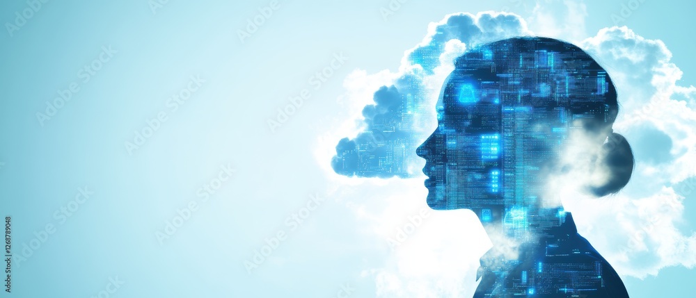 Poster digital transformation concept with silhouette of a person, cloud computing, and data visualization 