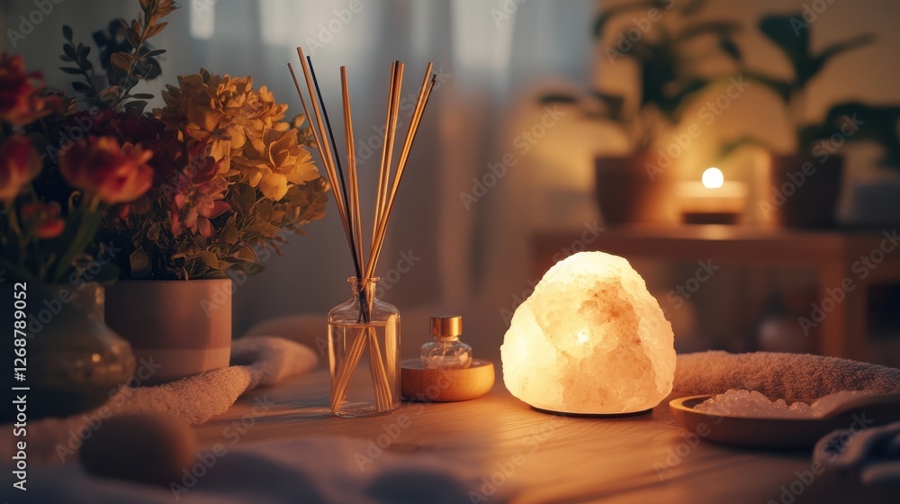 Poster cozy home spa corner featuring a reed diffuser and a himalayan salt lamp for relaxation and comfort 