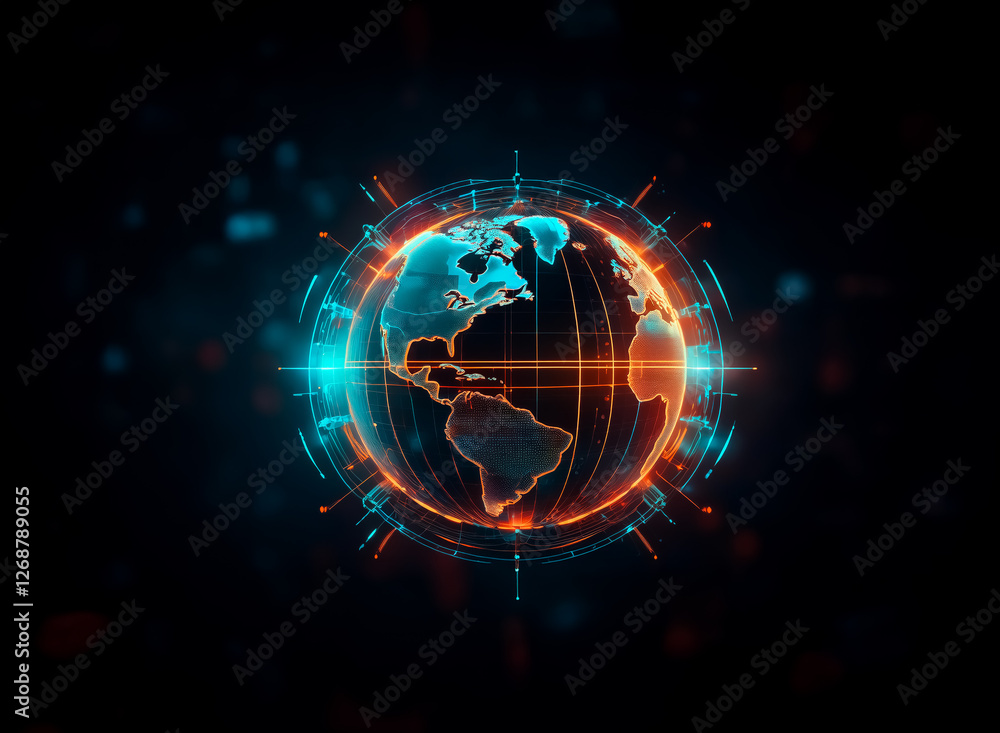 Poster glowing digital globe with vibrant blue and orange continents against a dark backdrop. cyberpunk sty
