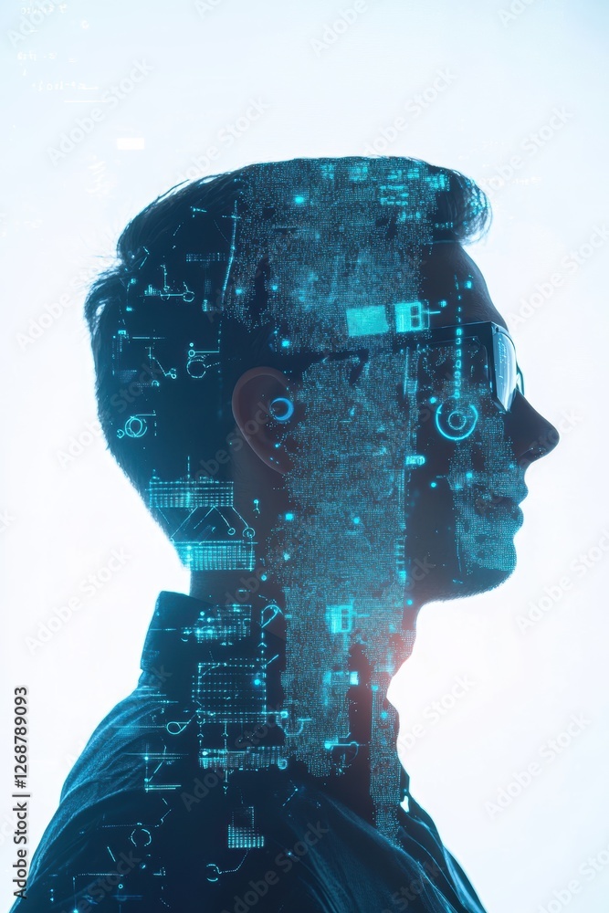 Poster digital transformation concept with profile silhouette and futuristic technology interface visual re