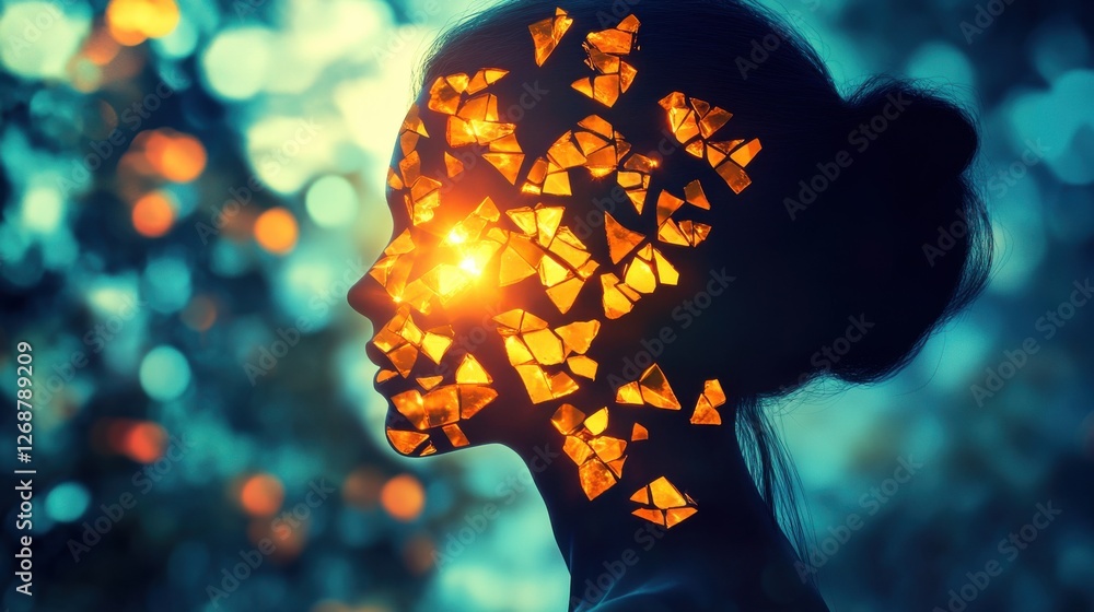 Leinwandbilder conceptual visualization of a glowing woman surrounded by fragmented light and colors in a serene na