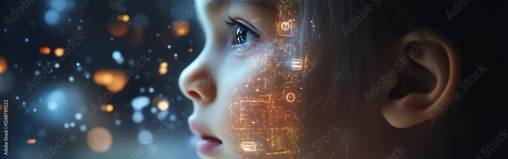 Aufkleber conceptual portrayal of a child's face illustrating imaginative thoughts and creativity in a digital