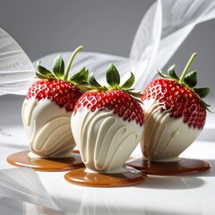 Elegantly Dressed Strawberries: A Symphony of White Chocolate and Caramel: Fresh, juicy strawberries receive a luxurious makeover with a creamy white chocolate dip.
