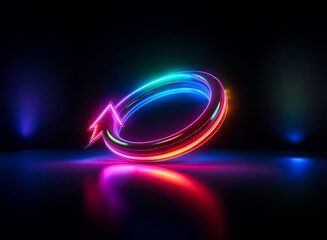 Obraz premium Vibrant neon circle arrow with dynamic lighting casts a bright reflection against a dark backdrop, creating a futuristic and glowing effect.
