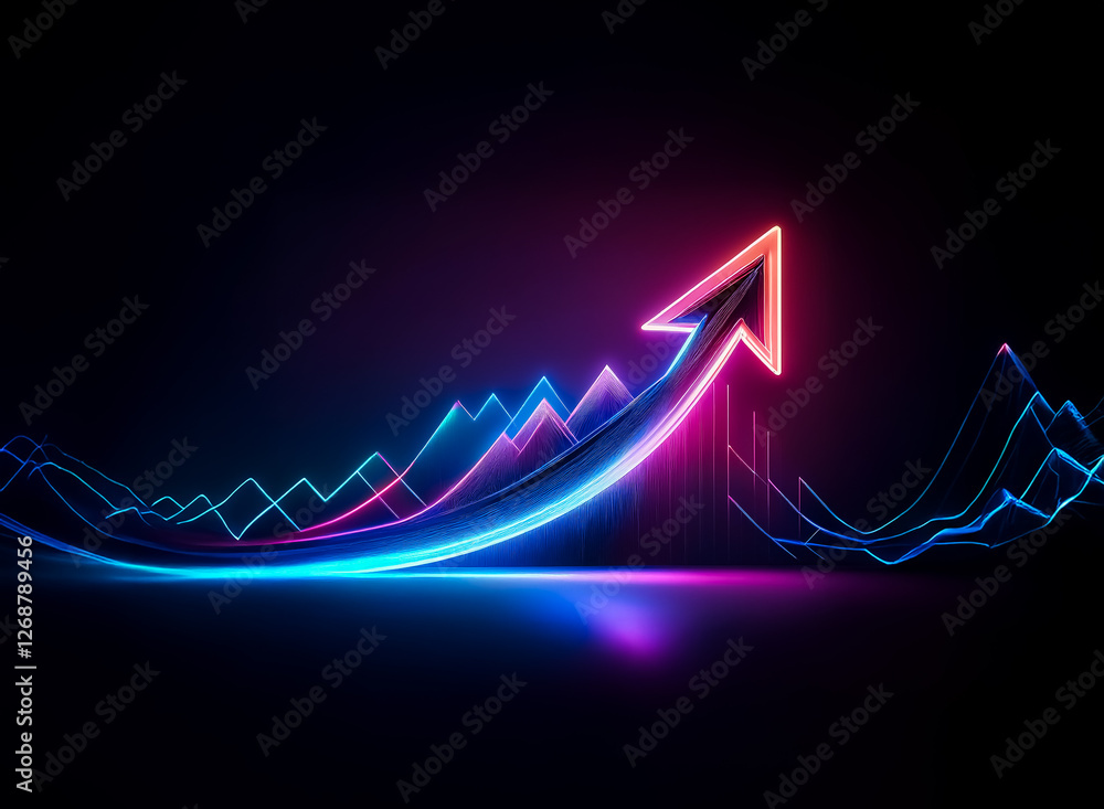 Aufkleber vibrant neon arrow pointing upwards on a dark background, symbolizing growth and progress. dynamic l