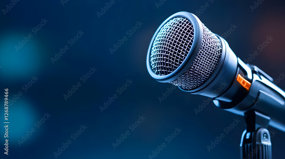 Poster close-up of a professional microphone ready for a music performance or speech.