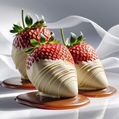 A Decadent Grid of White Chocolate-Dipped Strawberries with Caramel Drizzle: Rows of vibrant red strawberries, partially coated in smooth white chocolate and adorned with delicate caramel swirls.