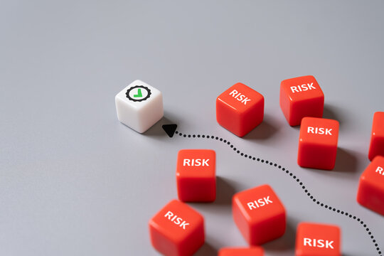 Close up shot with red cube with risk identify risk and solve with certified standard. Risk management concept for business breakthrough planning for risk mitigation to overcome challenge.