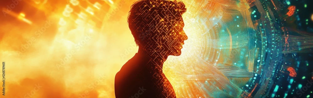 Poster Man radiating vibrant light in an abstract setting surrounded by digital patterns and warm colors