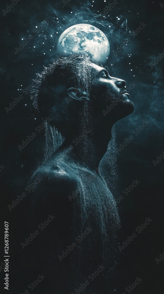 Poster man illuminated by glowing water under a full moon at night, creating a surreal and mystical atmosph