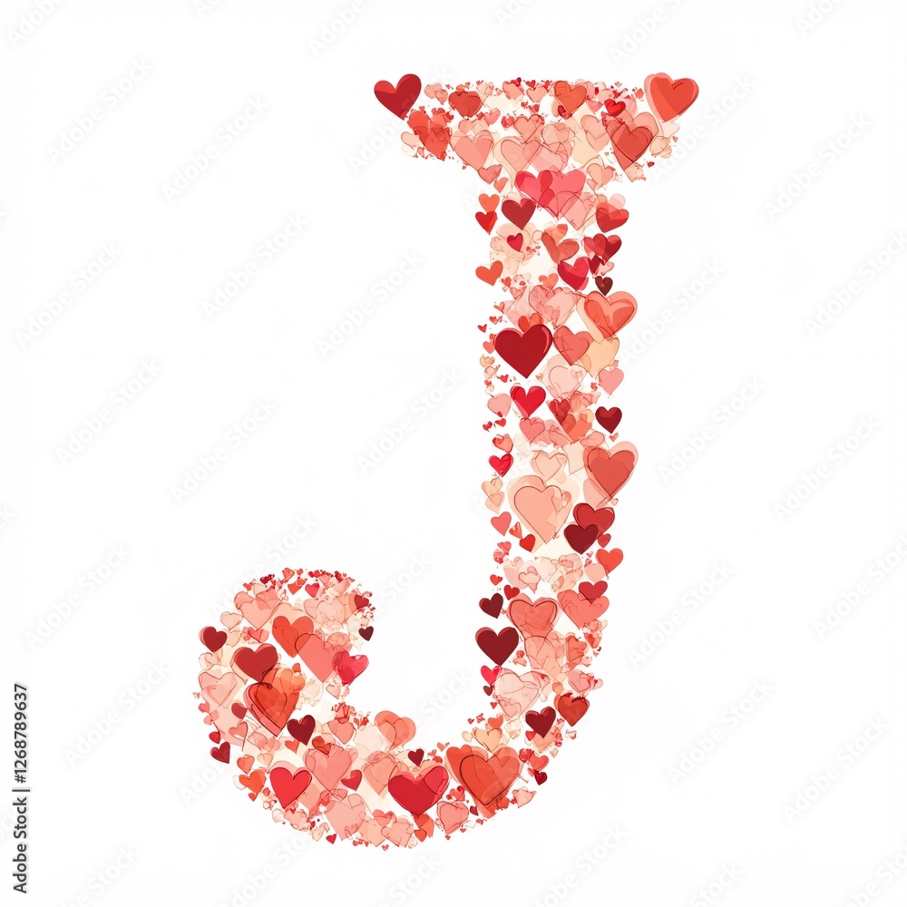 Poster the letter 'j' designed with delicate heart patterns in shades of red and pink, blending seamlessly 
