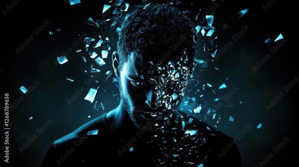 Aufkleber conceptual representation of a glowing man with fragmented features in a dark environment at night