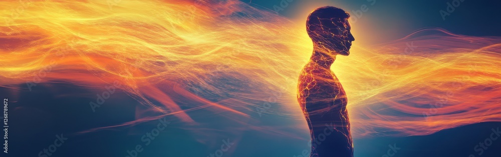 Poster glowing figure emanates light and energy in a mystical setting at dusk