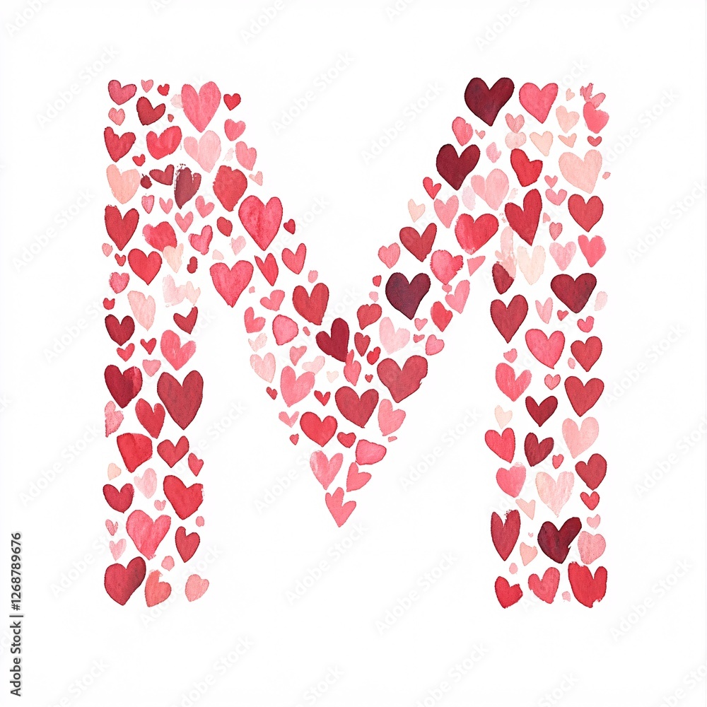 Poster the letter 'm' designed with delicate heart patterns in shades of red and pink, blending seamlessly 