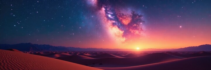 Fototapeta premium Desert landscape with glowing Milky Way at dawn, landscape, dawn