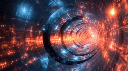 Abstract Digital Tunnel: Glowing Lights and Circuits